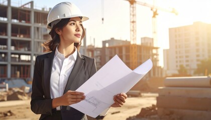 Female engineer inspecting construction site with blueprints in hand.