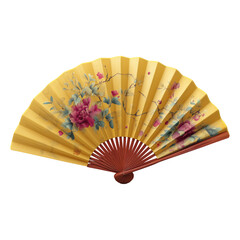 Elegant open hand fan with yellow paper and bamboo isolated on a white background
