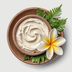 Swirled Creamy Body Butter in Wooden Bowl with Plumeria Flower and Fern Leaves