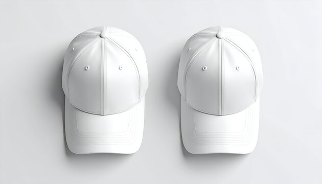 Two identical blank white baseball caps, top-down view, centered on a light gray backdrop