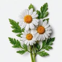 Three Dew Kissed White Daisies with Vibrant Green Leaves on White Background