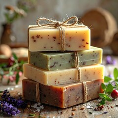 Stack of handcrafted soaps, tied with twine
