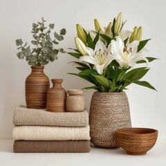Textured Brown Vases with White Lilies and Cream Towels on Neutral Background