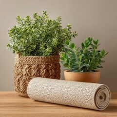 Two Green Potted Plants with Textured Pots and Rolled Mat on Wooden Table