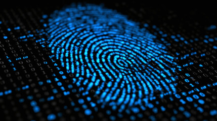 A close-up view of a glowing fingerprint in the digital world, representing technology and security