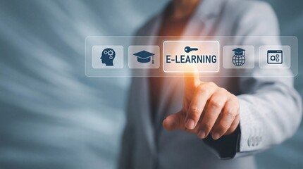 Professional hand selecting E learning button on virtual screen for online educa