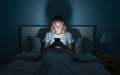 Fototapeta premium Woman in bed at night, illuminated by phone screen light.