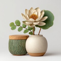 White and Green Ceramic Vase with Lotus Flower and Eucalyptus