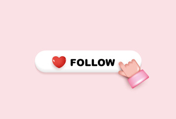 Cute 3D follow button with red heart icon and pointing hand gesture on pastel background, perfect for social media, marketing, and influencer content.