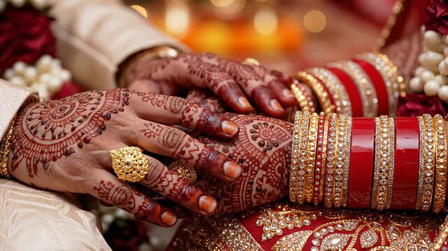 Hands with henna and bangles in wedding attire