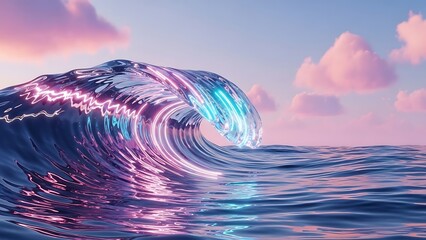 A surreal neon ocean wave made of liquid glass and pastel light, glowing reflections, smooth fluid motion frozen in time, dreamy sky with cotton clouds, ultra-clean composition, hyper-real 3D render, 