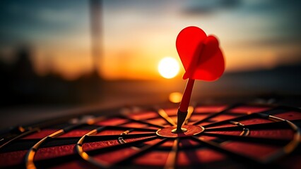 bullseye. A red dart hitting the center of a dartboard with sunset glow and dramatic lighting. inspiring travel planning, event key visuals, designed for sports event promotions and stadium branding.
