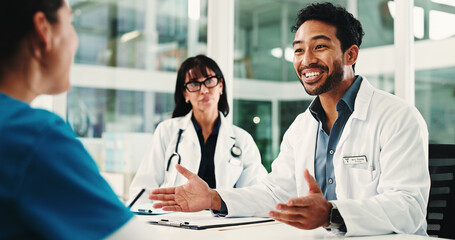 Doctor, nurse and smile in meeting for healthcare results, research report success and residency...