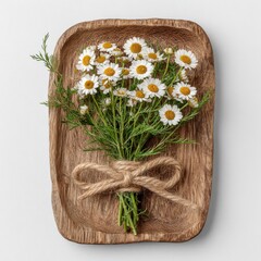 White Chamomile Bouquet on Rustic Wooden Tray