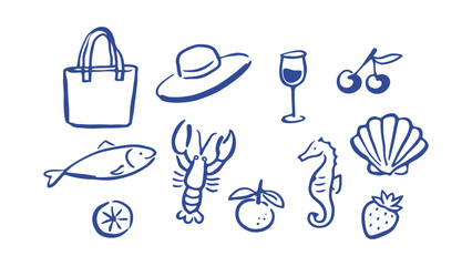A collection of beach and summer themed icons and symbols