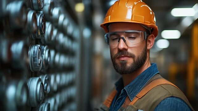 Precise Engineer: A diligent engineer stands amidst industrial machinery, meticulously focused on the task at hand. Wearing protective glasses and an orange hard hat.