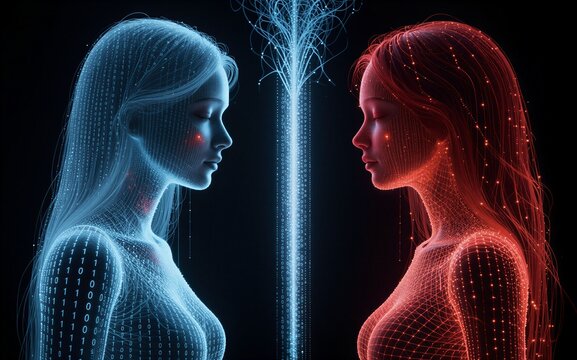 Two digital women, blue and red, face each other in glowing data streams. - Powered by Adobe