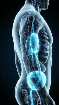 Medical 3D Render of Human Body Skeleton with Visible Organs Glowing in Blue Against a Dark Background for Educational