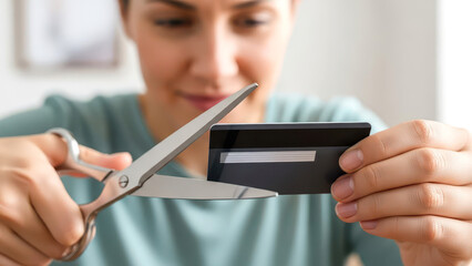 Woman hands cutting credit card with scissors for debt free concept