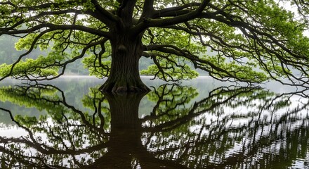 Fototapeta premium Symmetrical Reflection of a Large Green Tree in Still Lake Water.