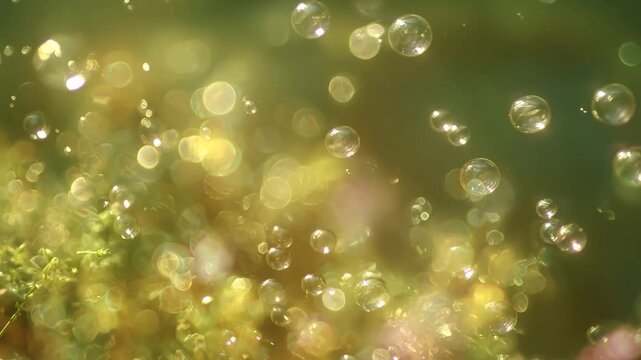 abstract bokeh background, green grass and bubbles