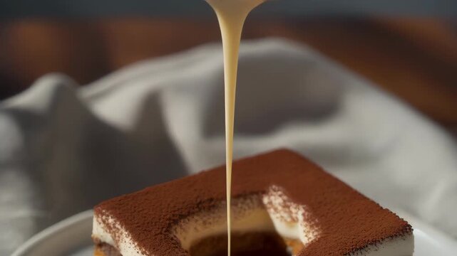 Close up of Creamy Tiramisu Dessert Being Scooped with Spoon Indoors