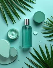 Cosmetic products laid flat, teal