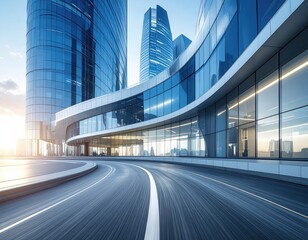 Urban road, modern glass buildings, blue sky