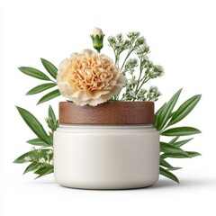 White Cream Jar with Beige Carnation and Green Leaves on White Background