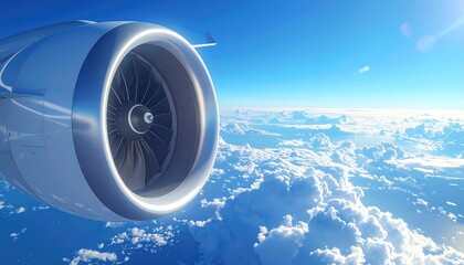 Aircraft engine in flight over clouds