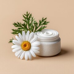 White Cream Jar with Chamomile Flower on Beige Background