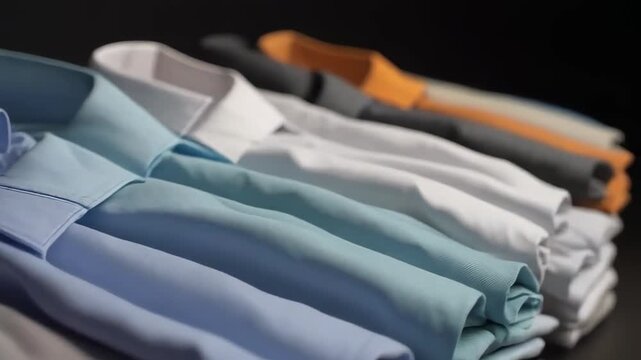 Close Up of Folded Dress Shirts in Various Colors on Dark Background