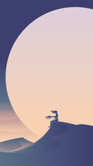 Minimalist vector illustration of lonely woman silhouette sitting against giant moon