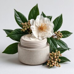 White Cream Jar with Delicate White Flower and Green Leaves on White Background