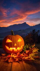 Lit pumpkin at dusk w/ leaves