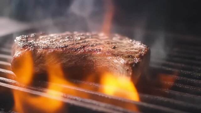 Close Up Steak on Grill with Flames and Smoke Production