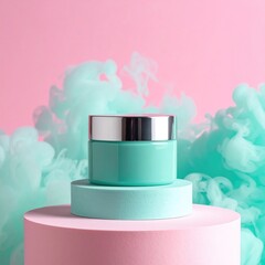 Teal cream jar on pink pedestal/smoke
