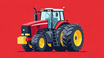 Obraz premium Modern Red Tractor with Large Tires on Red Background