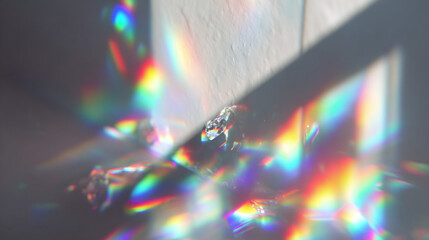 A mesmerizing play of light, creating a vibrant rainbow spectrum through a prism. The sunlight fractures, revealing an array of colors and a captivating dance of light and shadow