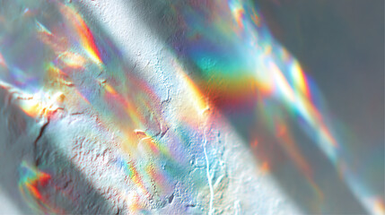 An abstract image featuring light refraction and iridescent colors on a rough surface