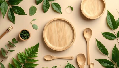 Natural wooden kitchenware, leaves
