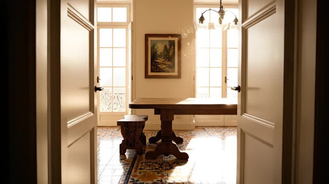 Interior hallway with tiled floor and wooden table