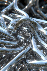 Metallic chain links intertwined in a complex pattern  