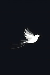 A white bird soars gracefully against a black background