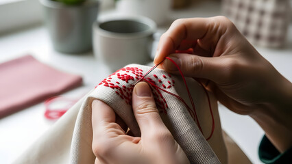 Woman sewing red embroidery on fabric at home table in daytime  