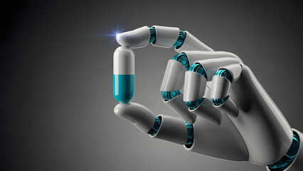 Robotic hand holding a pharmaceutical capsule in modern design  