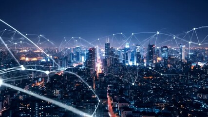 A vibrant city skyline at night with digital connections, showcasing urban life and technology integration - Powered by Adobe