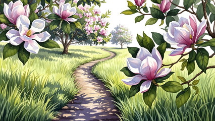 Pathway through blooming magnolia trees on a sunny day  
