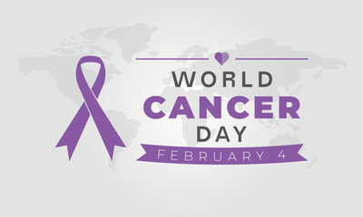 World cancer day background message with purple ribbon.
