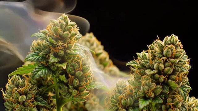 Close-up of cbis buds with smoke, showcasing the plant's texture and trichomes.